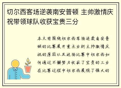 切尔西客场逆袭南安普顿 主帅激情庆祝带领球队收获宝贵三分