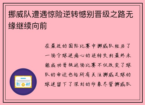挪威队遭遇惊险逆转憾别晋级之路无缘继续向前