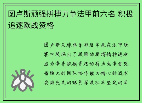 图卢斯顽强拼搏力争法甲前六名 积极追逐欧战资格