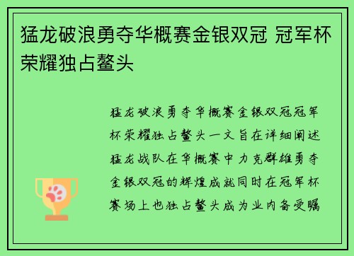 猛龙破浪勇夺华概赛金银双冠 冠军杯荣耀独占鳌头