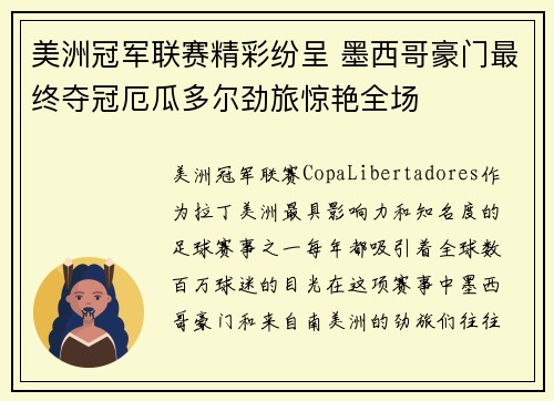 美洲冠军联赛精彩纷呈 墨西哥豪门最终夺冠厄瓜多尔劲旅惊艳全场