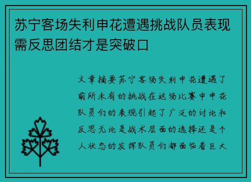苏宁客场失利申花遭遇挑战队员表现需反思团结才是突破口