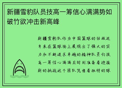 新疆雪豹队员技高一筹信心满满势如破竹欲冲击新高峰
