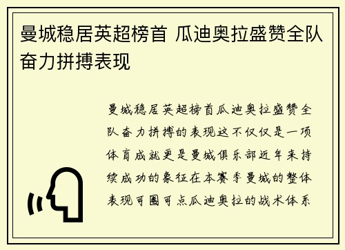 曼城稳居英超榜首 瓜迪奥拉盛赞全队奋力拼搏表现