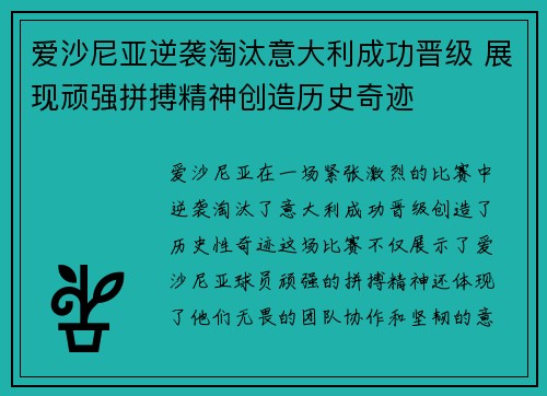 爱沙尼亚逆袭淘汰意大利成功晋级 展现顽强拼搏精神创造历史奇迹