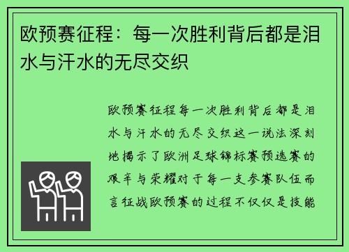 欧预赛征程：每一次胜利背后都是泪水与汗水的无尽交织